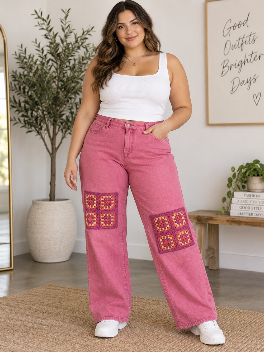 Judy Blue Pink Wide-Leg Jeans with Crochet Patchwork